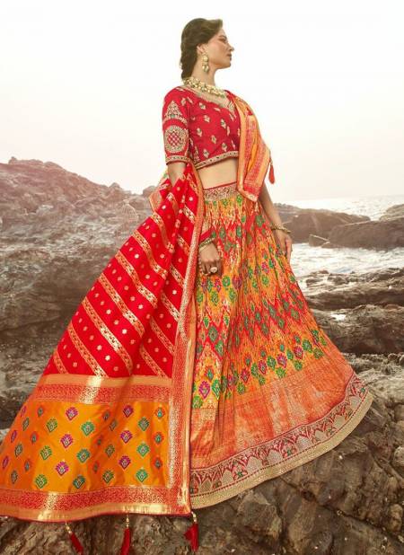 Red And Orange Colour ROYAL 25 Pheavy Designer Festive Wear Banarasi Silk Lehenga Collection 1007